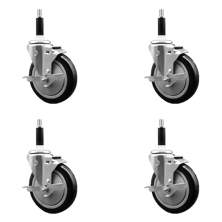 Service Caster 5'' Black Poly Swivel 7/8'' Expanding Stem Caster Set with Brake, 4PK SCC-EX20S514-PPUB-BLK-TLB-78-4